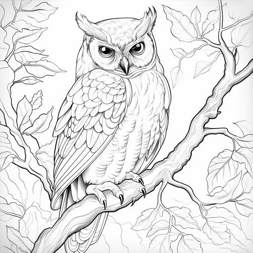 Adult coloring page with an owl on a branch