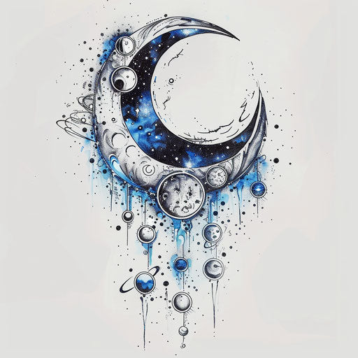 Half moon and small planets, mystical clipart style