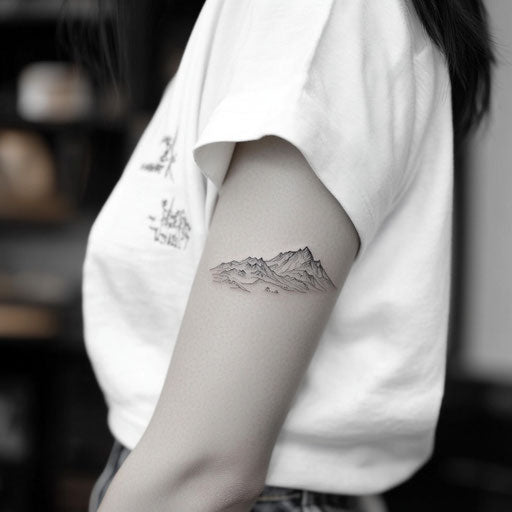 Small arm tattoos with a tiny mountain range, in the style of J.P. Targete