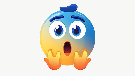 Blue and yellow emoji head with orange shocked hands