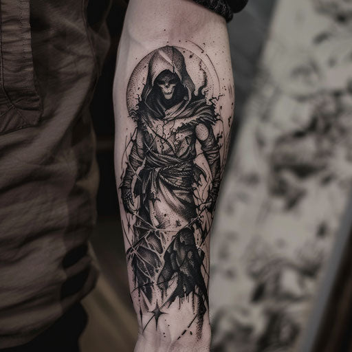 Men's forearm tattoo featuring dark sorcerer