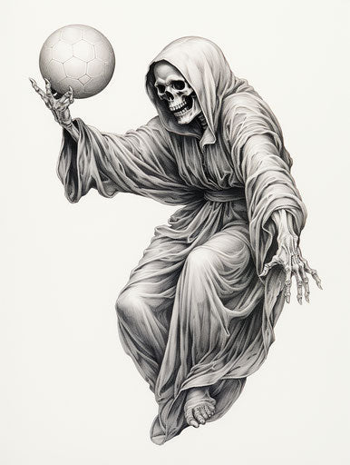 Black and white drawing of a reaper holding a ball, tattoo style