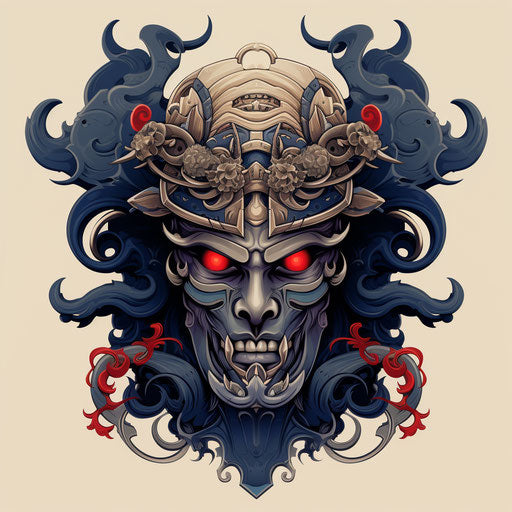 Samurai helmet with intricate design and carving, necronomicon style illustrations, navy and dark gray, tattoo, intense gaze, columns and totems, mono-ha, strong use of color