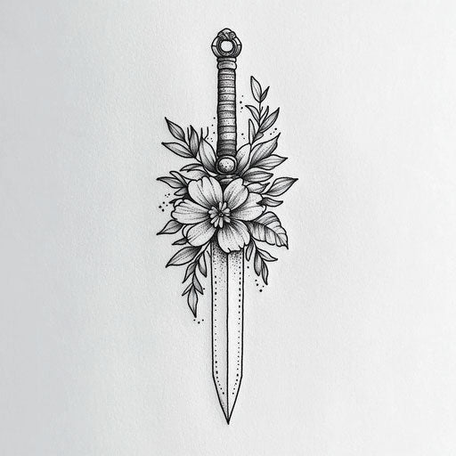 Men's neck tattoo: floral dagger on white background
