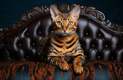 Bengal cat resting on top of a leather settee