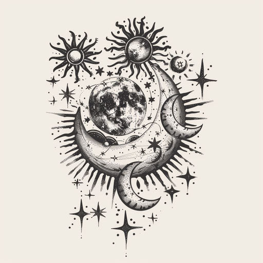 Sketch of celestial Aries constellation tattoo with suns and moons
