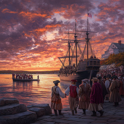 Arrival of the Mayflower at Plymouth Rock, Pilgrims stepping off in traditional attire, vibrant sunrise