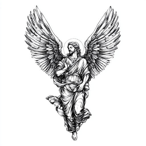 Angel wings and religious icons tattoo on arm