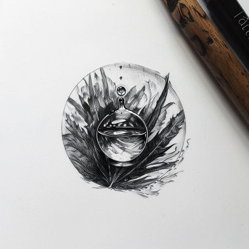 Dynamic flat tattoo sketch of a micro realism water droplet on a leaf, reflecting light