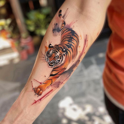 Korean tiger tattoo, dynamic colors on white canvas