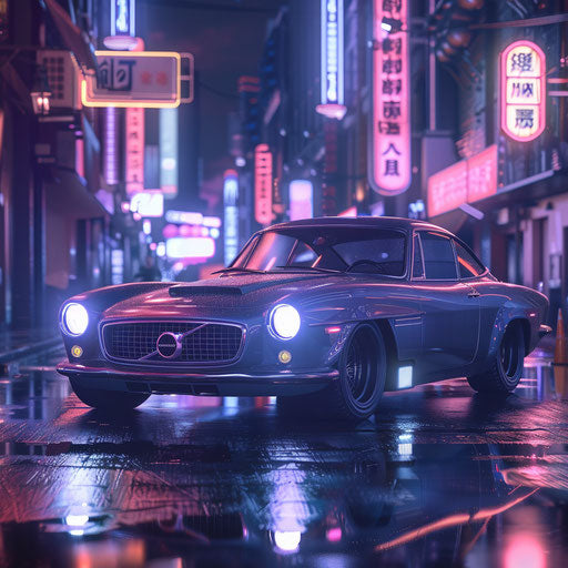 1966 cyberpunk-themed Volvo P1800, neon lights, parked in futuristic cityscape at night