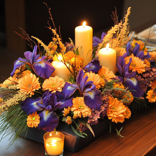 Thanksgiving centerpiece with purple irises, orange gerbera, and candles