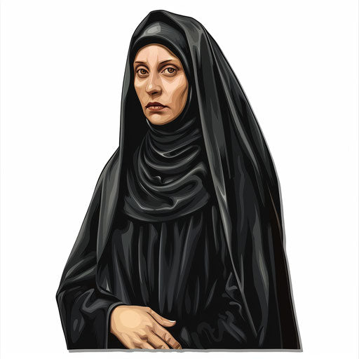 Nun clipart in photorealistic style with a flat random background, glossy finish and sharp outlines