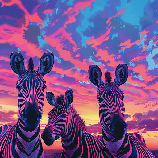 Zebras against a colorful sky, dynamic and vibrant