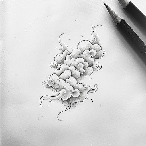 Delicate cloud tattoo design with swirling winds on white background