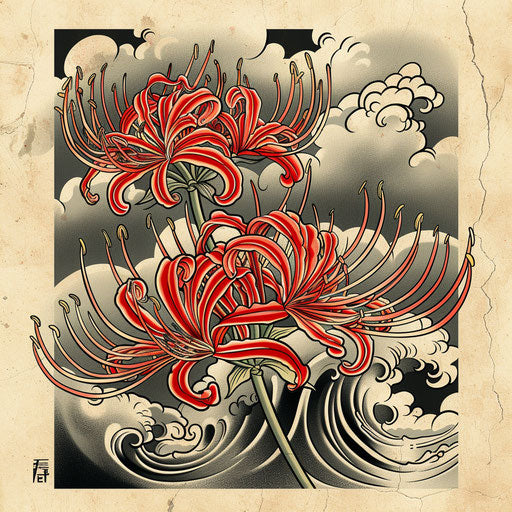 Traditional Japanese tattoo sketch of a red spider lily with waves and clouds in the background