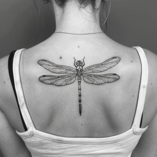 Dragonfly tattoo in fine line in the style of Maria Sibylla Merian