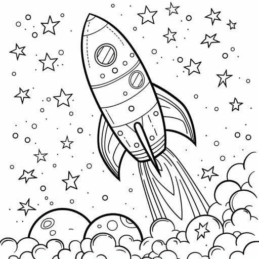 Rocket ship blasting off into space with stars