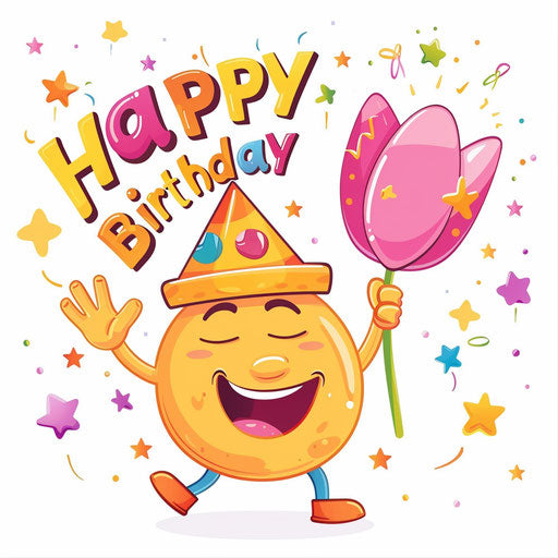 Happy Birthday emoji with smiling face and pink tulip