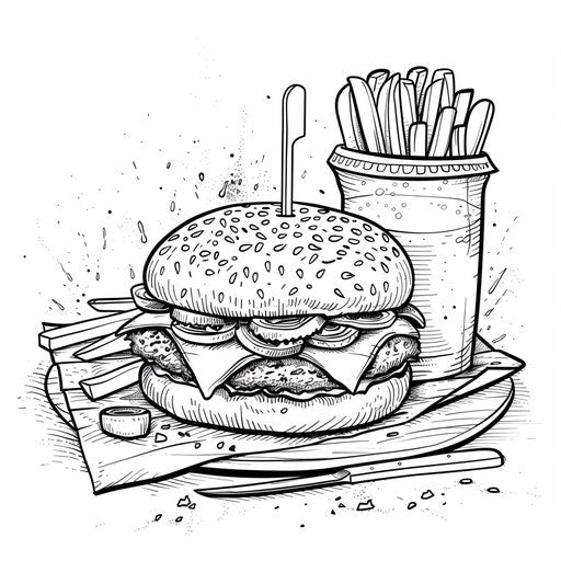 Burger and fries with all the fixings, coloring book page