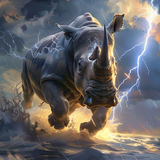 A rhino charging through a storm, illuminated by lightning