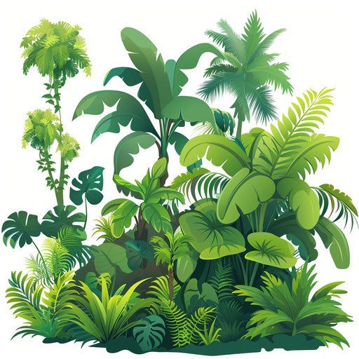 Realistic-style rainforest clipart with flat white background