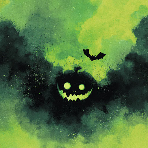 Green Panel: Black Pumpkin and Bat on Dark Background