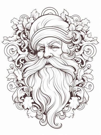Santa Claus coloring page with beard, Art Nouveau style hyperrealism
