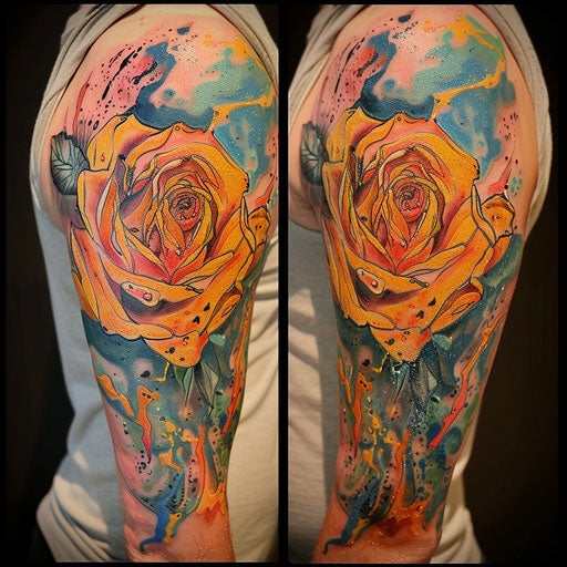 Rose tattoos for men in the style of Guy Aitchison with abstract, colorful elements