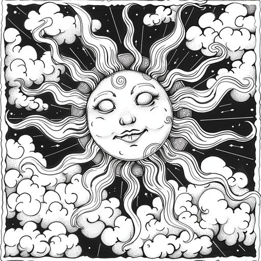 A detailed sun surrounded by clouds. Coloring book page