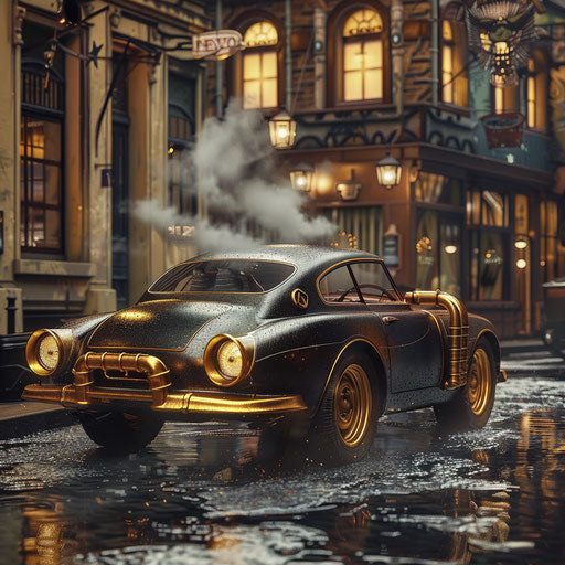 Steampunk reinterpretation of a 1966 Volvo P1800 in an old Victorian town