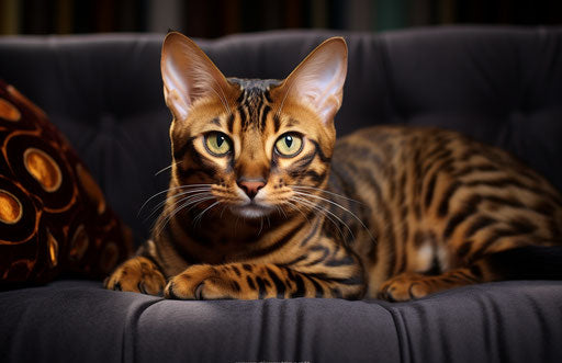 The bengal cat, a house cat, lying on a couch, in the style of exaggerated facial features, dark brown and gold, dark orange and brown, ethical concerns, primitivist frenzy 17:11