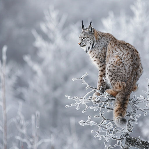 Lynx perched on frost-covered tree, surveying winter scene