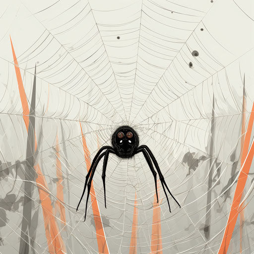 Black spider on web, minimalist black and white drawing