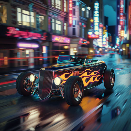 Sleek hotrod blazing through deserted urban night