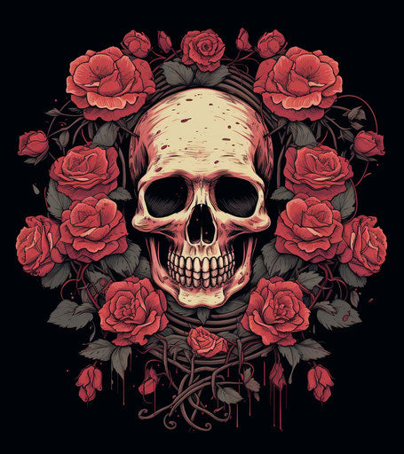 Roses skull in a graveyard, rustic realism style