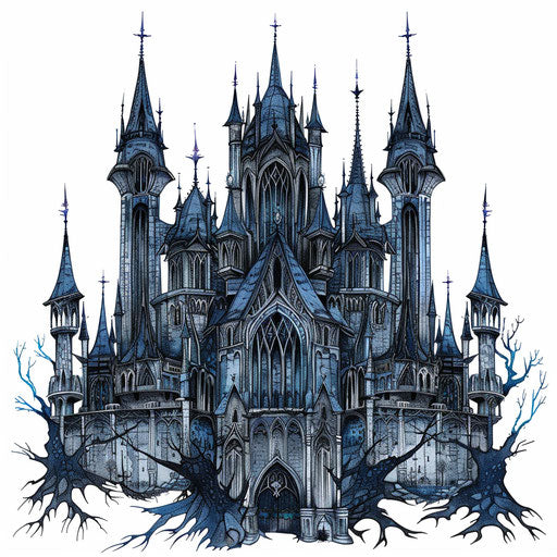 Sketch of a gothic castle with intricate windows and spires