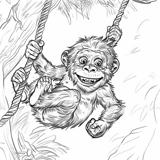 Playful monkey swinging from a tree, Andy Marlette style