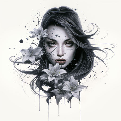 Lily tattoo design ideas, dark white and silver style, pointillistic