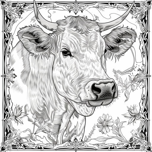 Detailed cow mandala with patterns and designs, coloring page