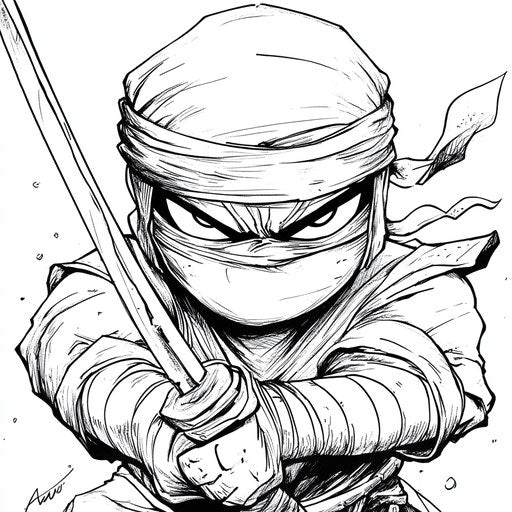 A ninja with a mischievous grin, coloring book page
