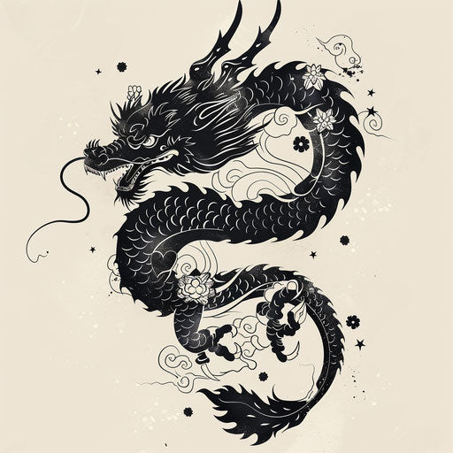 Exotic flat tattoo sketch of a black dragon adorned with traditional Eastern motifs