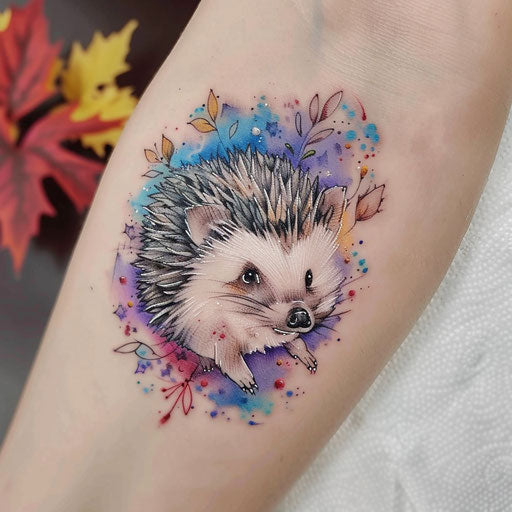 Pastel-colored tattoo sketch of a hedgehog with dreamy vibes
