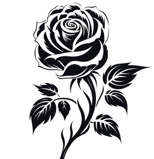 Black rose with leaves on white background, flowerpunk style