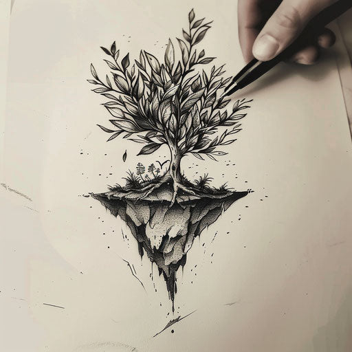 Surreal flat tattoo sketch of a floating island made of sage leaves