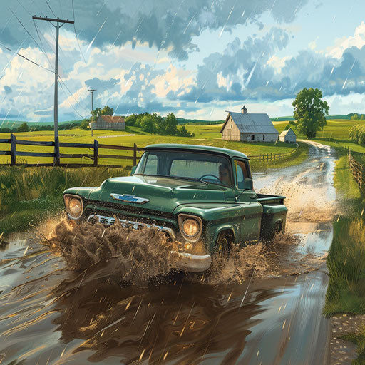 Vintage pickup truck with big wheels splashing through muddy rural road, barn and fields in the background.
