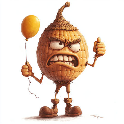 Humorous caricature of an acorn with human characteristics