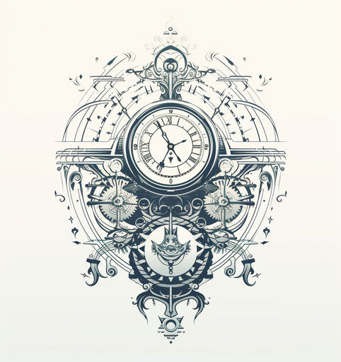 Clock tattoo design, alchemical symbolism, mythology style