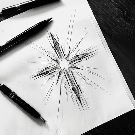 Dynamic flat tattoo sketch of the cross with rays of light bursting