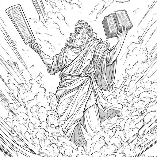 Moses receiving the Ten Commandments with magical elements, in the style of Mamoru Hosoda, coloring book page